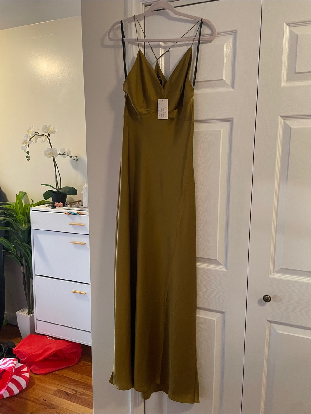 Guess by Marciano Olive Satin Spaghetti-Strap Maxi Dress